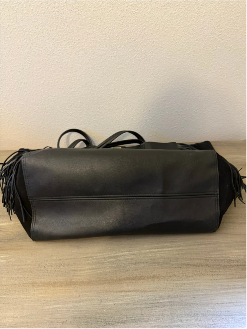 Victoria's Secret Black Faux Leather Fringe Tote Bag Large